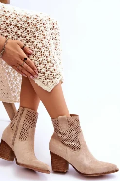 Damskie Zamszowe Kowbojki Botki Na Słupku Beżowe Norvella