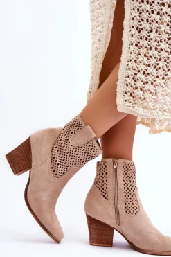 Damskie Zamszowe Kowbojki Botki Na Słupku Beżowe Norvella