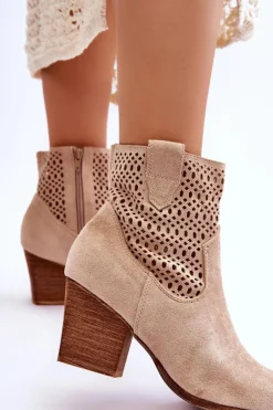 Damskie Zamszowe Kowbojki Botki Na Słupku Beżowe Norvella