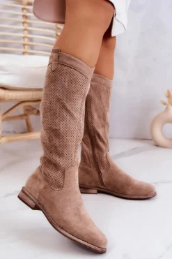 Damskie Zamszowe Kozaki Ażurowe Beżowe Thessie