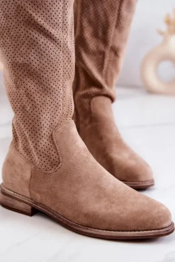 Damskie Zamszowe Kozaki Ażurowe Beżowe Thessie