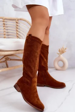 Damskie Zamszowe Kozaki Ażurowe Camel Thessie