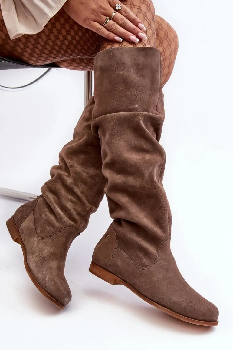 Damskie Zamszowe Kozaki Do Kolan Maciejka 05790-04 Beżowe