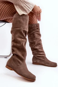 Damskie Zamszowe Kozaki Do Kolan Maciejka 05790-04 Beżowe