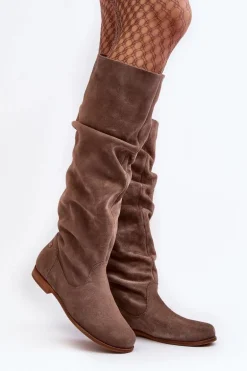 Damskie Zamszowe Kozaki Do Kolan Maciejka 05790-04 Beżowe