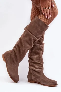 Damskie Zamszowe Kozaki Do Kolan Maciejka 05790-04 Beżowe