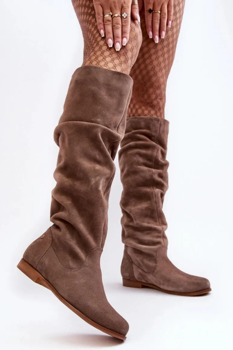 Damskie Zamszowe Kozaki Do Kolan Maciejka 05790-04 Beżowe