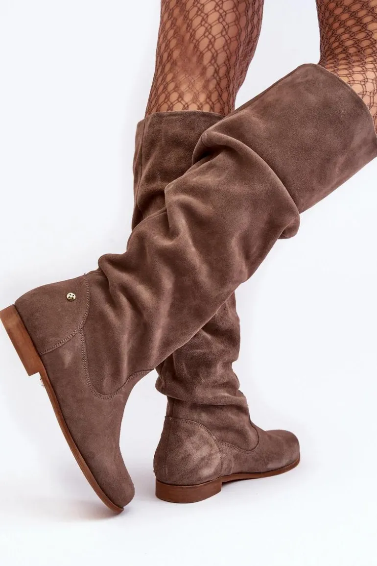 Damskie Zamszowe Kozaki Do Kolan Maciejka 05790-04 Beżowe