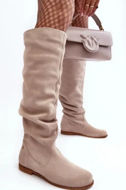 Damskie Zamszowe Kozaki Do Kolan Maciejka 05790-22 Jasnobeżowe