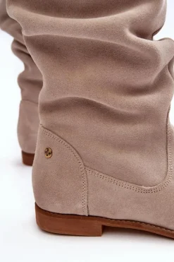 Damskie Zamszowe Kozaki Do Kolan Maciejka 05790-22 Jasnobeżowe