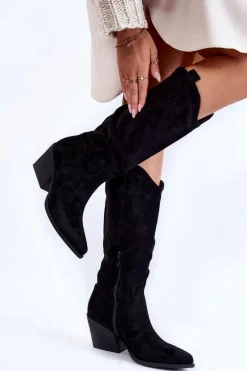 Damskie Zamszowe Kozaki Kowbojki Czarne Alaina