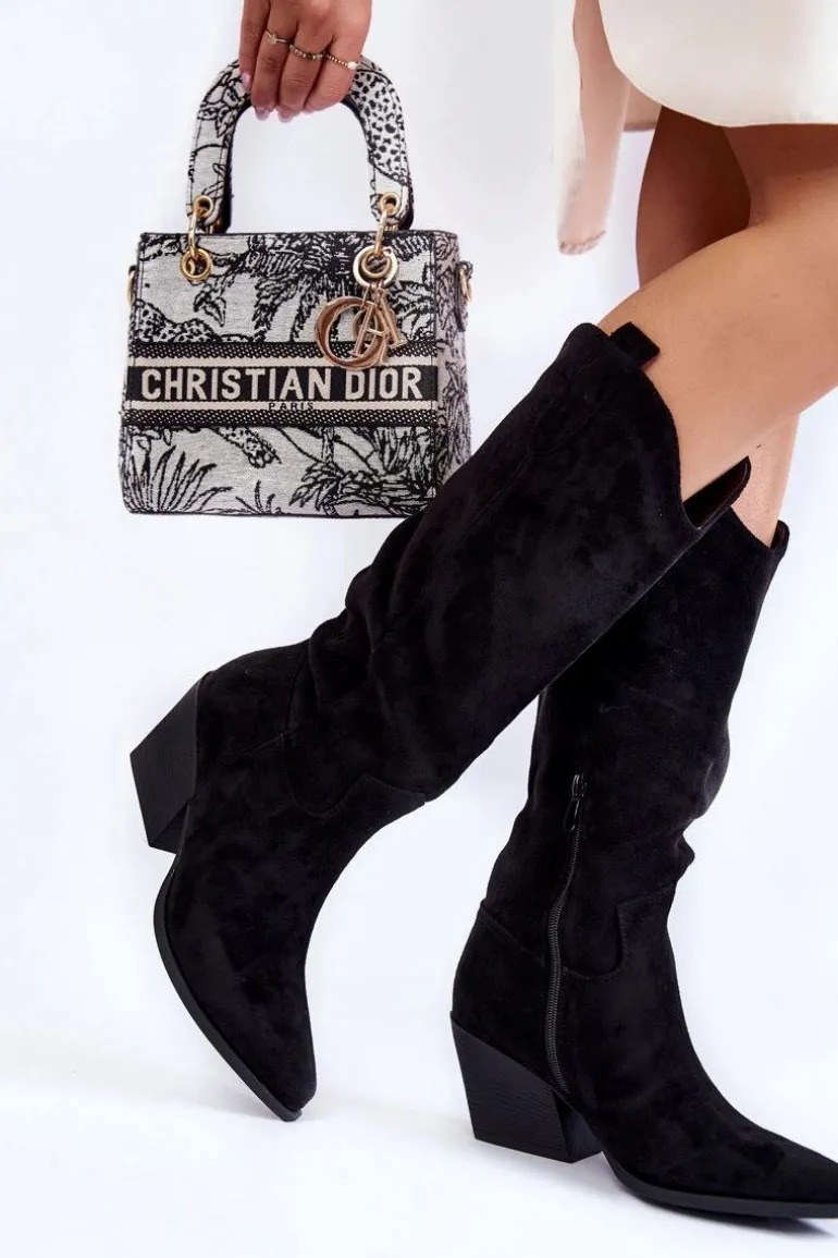 Damskie Zamszowe Kozaki Kowbojki Czarne Alaina