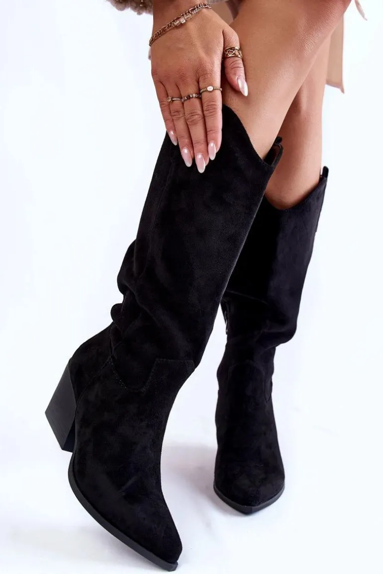 Damskie Zamszowe Kozaki Kowbojki Czarne Alaina