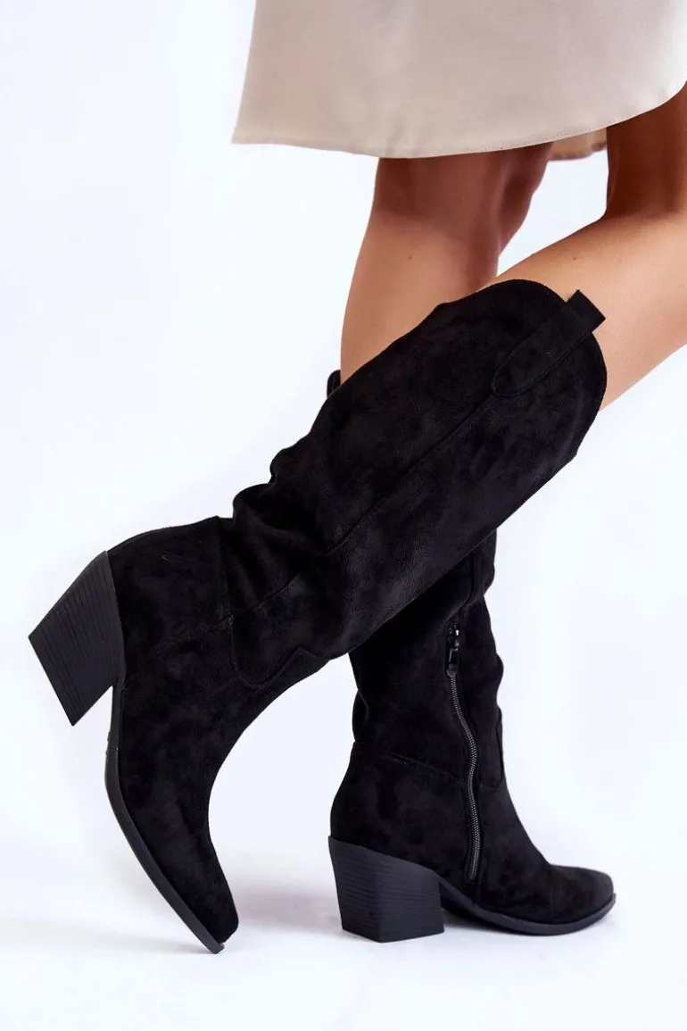 Damskie Zamszowe Kozaki Kowbojki Czarne Alaina