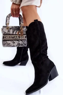 Damskie Zamszowe Kozaki Kowbojki Czarne Alaina