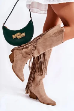 Damskie Zamszowe Kozaki Kowbojki Z Frędzlami Beżowe Simplo