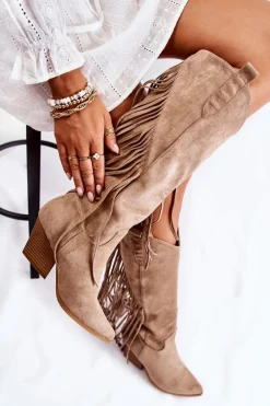 Damskie Zamszowe Kozaki Kowbojki Z Frędzlami Beżowe Simplo