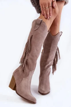 Damskie Zamszowe Kozaki Kowbojki Lewski 3094/F Szare