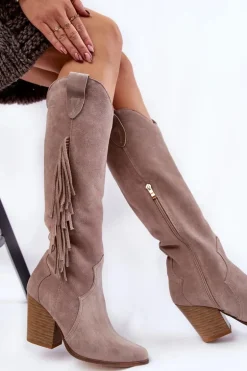 Damskie Zamszowe Kozaki Kowbojki Lewski 3094/F Szare