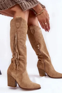 Damskie Zamszowe Kozaki Kowbojki Lewski 3094/F Ciemnobeżowe