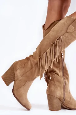 Damskie Zamszowe Kozaki Kowbojki Lewski 3094/F Ciemnobeżowe