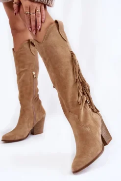 Damskie Zamszowe Kozaki Kowbojki Lewski 3094/F Ciemnobeżowe