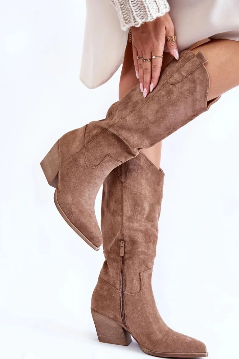 Damskie Zamszowe Kozaki Kowbojki Brązowe Alaina