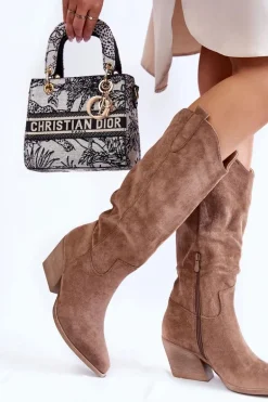 Damskie Zamszowe Kozaki Kowbojki Brązowe Alaina