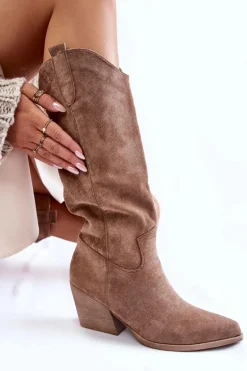 Damskie Zamszowe Kozaki Kowbojki Brązowe Alaina