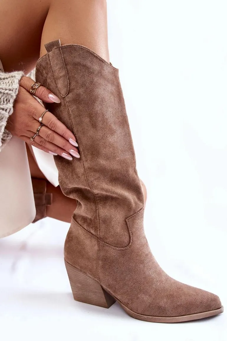 Damskie Zamszowe Kozaki Kowbojki Brązowe Alaina