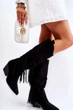 Damskie Zamszowe Kozaki Kowbojki Z Frędzlami Czarne Simplo