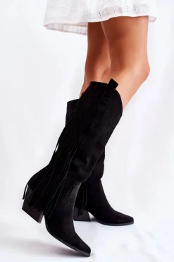 Damskie Zamszowe Kozaki Kowbojki Z Frędzlami Czarne Simplo