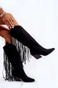 Damskie Zamszowe Kozaki Kowbojki Z Frędzlami Czarne Simplo