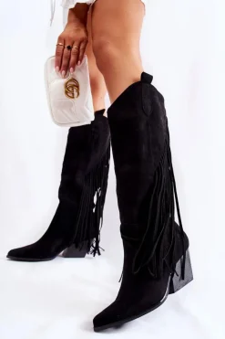 Damskie Zamszowe Kozaki Kowbojki Z Frędzlami Czarne Simplo