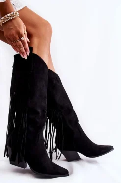 Damskie Zamszowe Kozaki Kowbojki Z Frędzlami Czarne Simplo