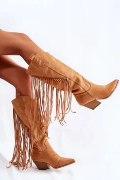 Damskie Zamszowe Kozaki Kowbojki Z Frędzlami Camel Simplo