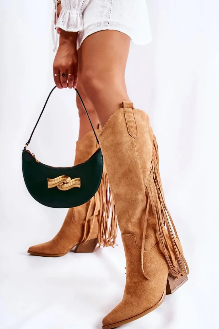 Damskie Zamszowe Kozaki Kowbojki Z Frędzlami Camel Simplo