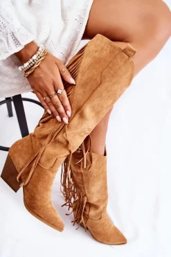 Damskie Zamszowe Kozaki Kowbojki Z Frędzlami Camel Simplo