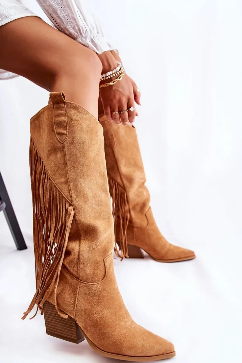 Damskie Zamszowe Kozaki Kowbojki Z Frędzlami Camel Simplo