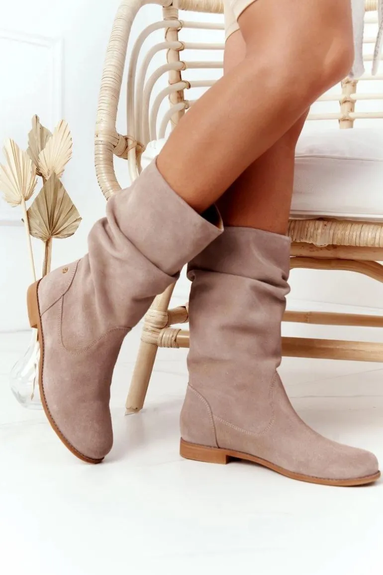 Damskie Zamszowe Kozaki Maciejka 05057-04 Beżowe