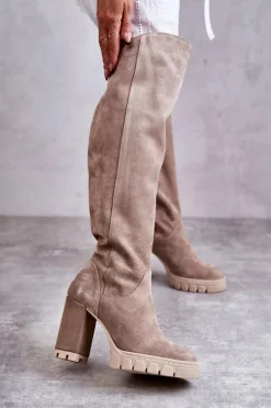 Damskie Zamszowe Kozaki Muszkieterki Beżowe Georgette