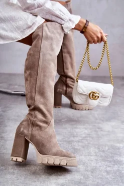 Damskie Zamszowe Kozaki Muszkieterki Beżowe Georgette