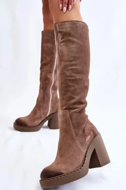 Damskie Zamszowe Kozaki Na Masywnym Słupku Jasnobrązowe Valeris