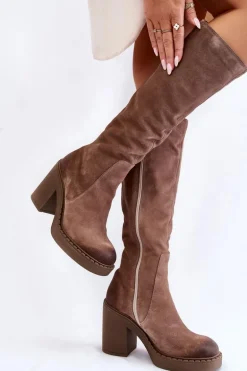 Damskie Zamszowe Kozaki Na Masywnym Słupku Jasnobrązowe Valeris