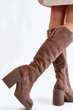 Damskie Zamszowe Kozaki Na Masywnym Słupku Jasnobrązowe Valeris