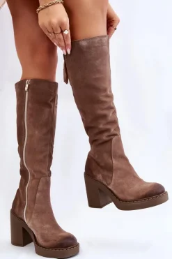 Damskie Zamszowe Kozaki Na Masywnym Słupku Jasnobrązowe Valeris