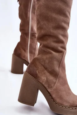 Damskie Zamszowe Kozaki Na Masywnym Słupku Jasnobrązowe Valeris