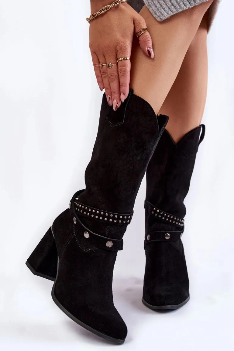 Damskie Zamszowe Kozaki Na Obcasie Lewski Shoes 2934/B Czarne
