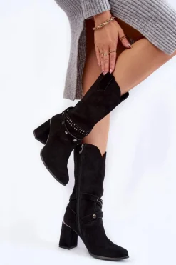 Damskie Zamszowe Kozaki Na Obcasie Lewski Shoes 2934/B Czarne