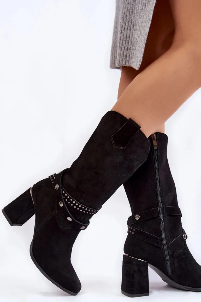 Damskie Zamszowe Kozaki Na Obcasie Lewski Shoes 2934/B Czarne